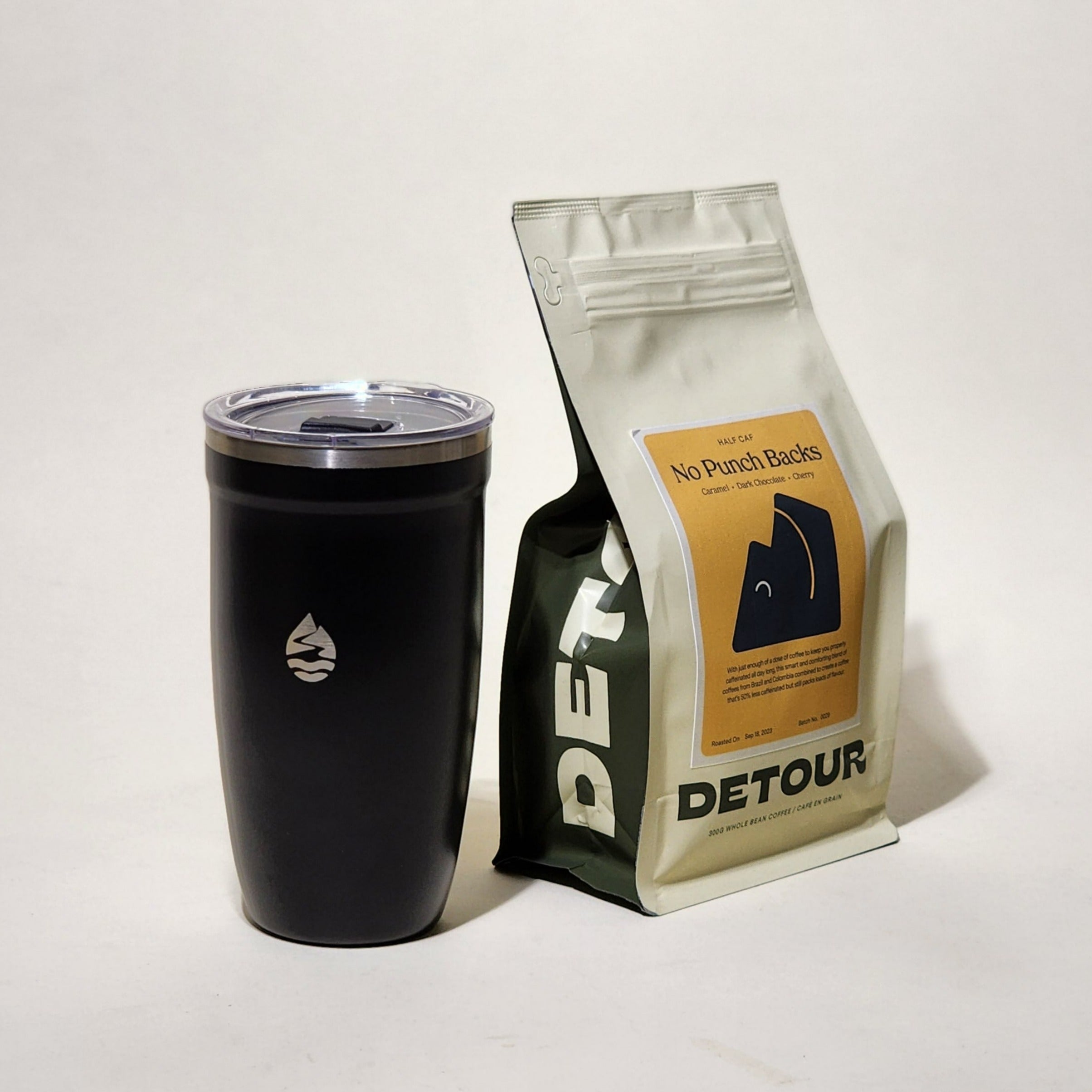 Detour Coffee Roaster No Punch Backs Half Caf - Caramel, Dark Chocolate, Cherry Tasting Profile - Filter Balanced Coffee Style - Brazil + Colombia Origin - Learn More on Our Website