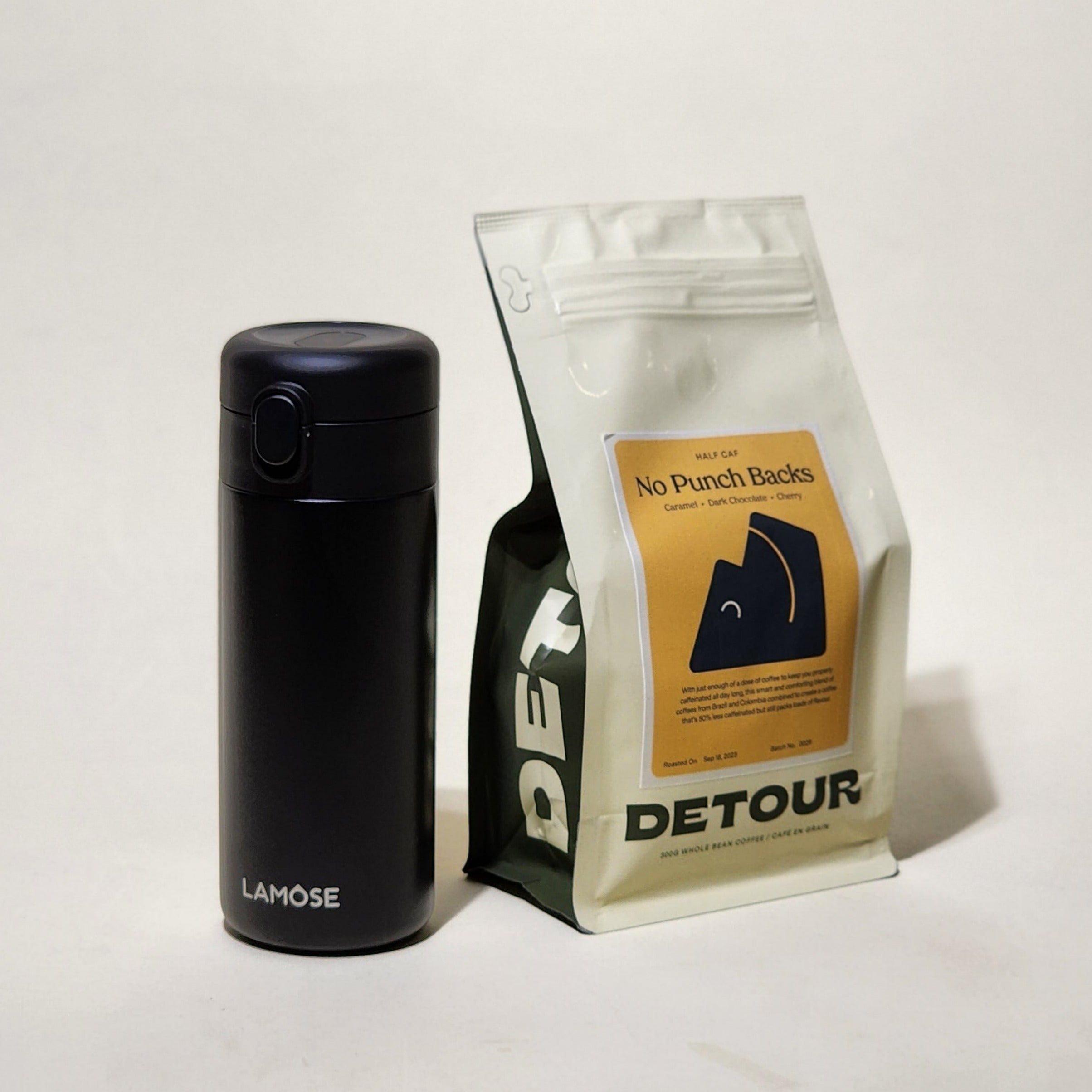 Detour Coffee Roaster No Punch Backs Half Caf - Caramel, Dark Chocolate, Cherry Tasting Profile - Filter Balanced Coffee Style - Brazil + Colombia Origin - Learn More on Our Website