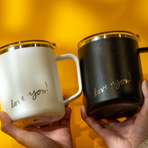 LAMOSE insulated mug with a smooth, polished surface, featuring an engraved statement that reads, "Love you!" in a graceful, cursive font. The engraving adds a warm, personal touch to the tumbler, making it a perfect gift.