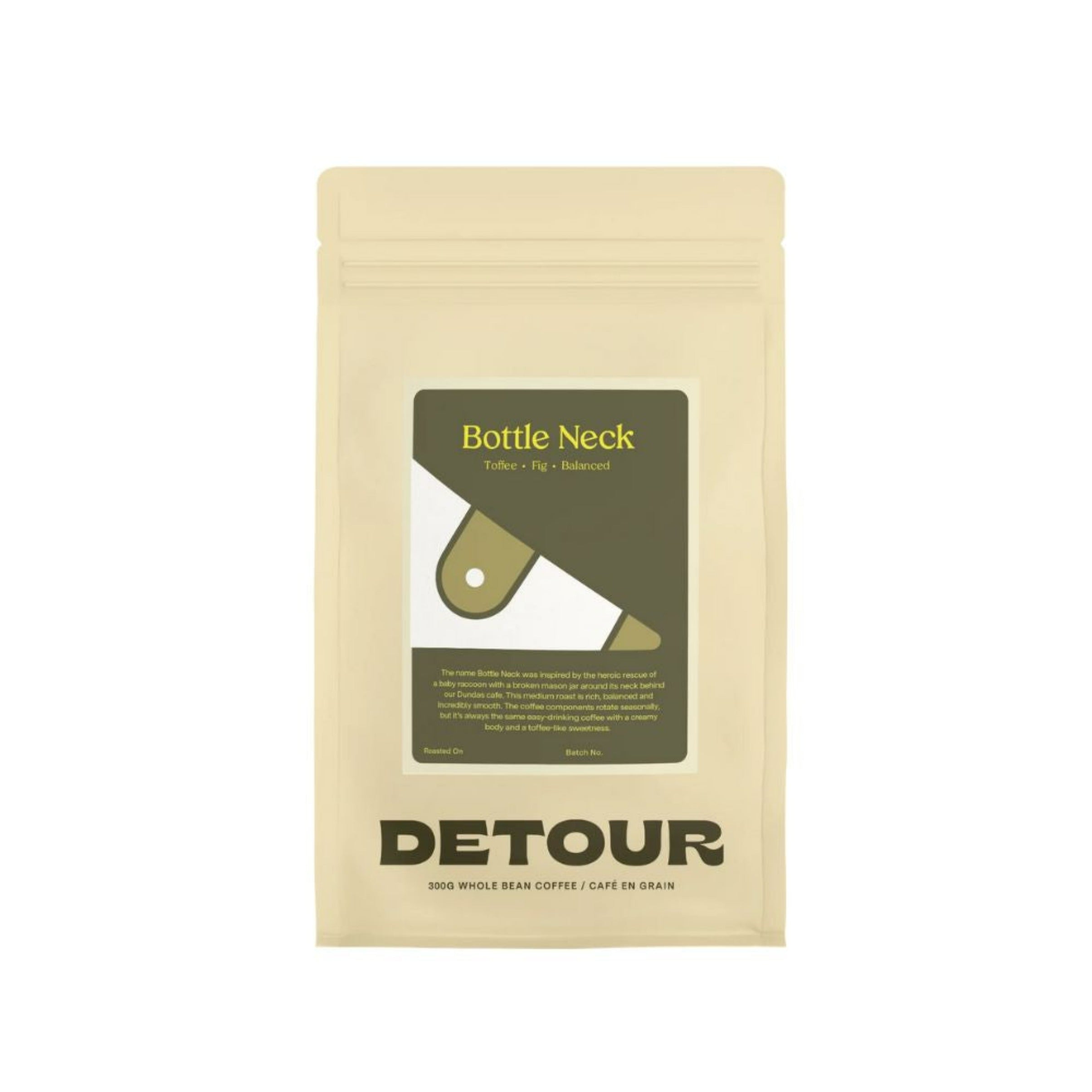 Detour Coffee Roaster Bottleneck Blend - Chocolate, Toffee, Fig Tasting Profile - Filter Balanced Coffee Style - Seasonal Celebration - Consistent Flavor Profile - Smooth Everyday Sipper - Creamy Texture - Approachable Complexity - Baby Raccoon Rescue Inspiration - Learn More on Our Website