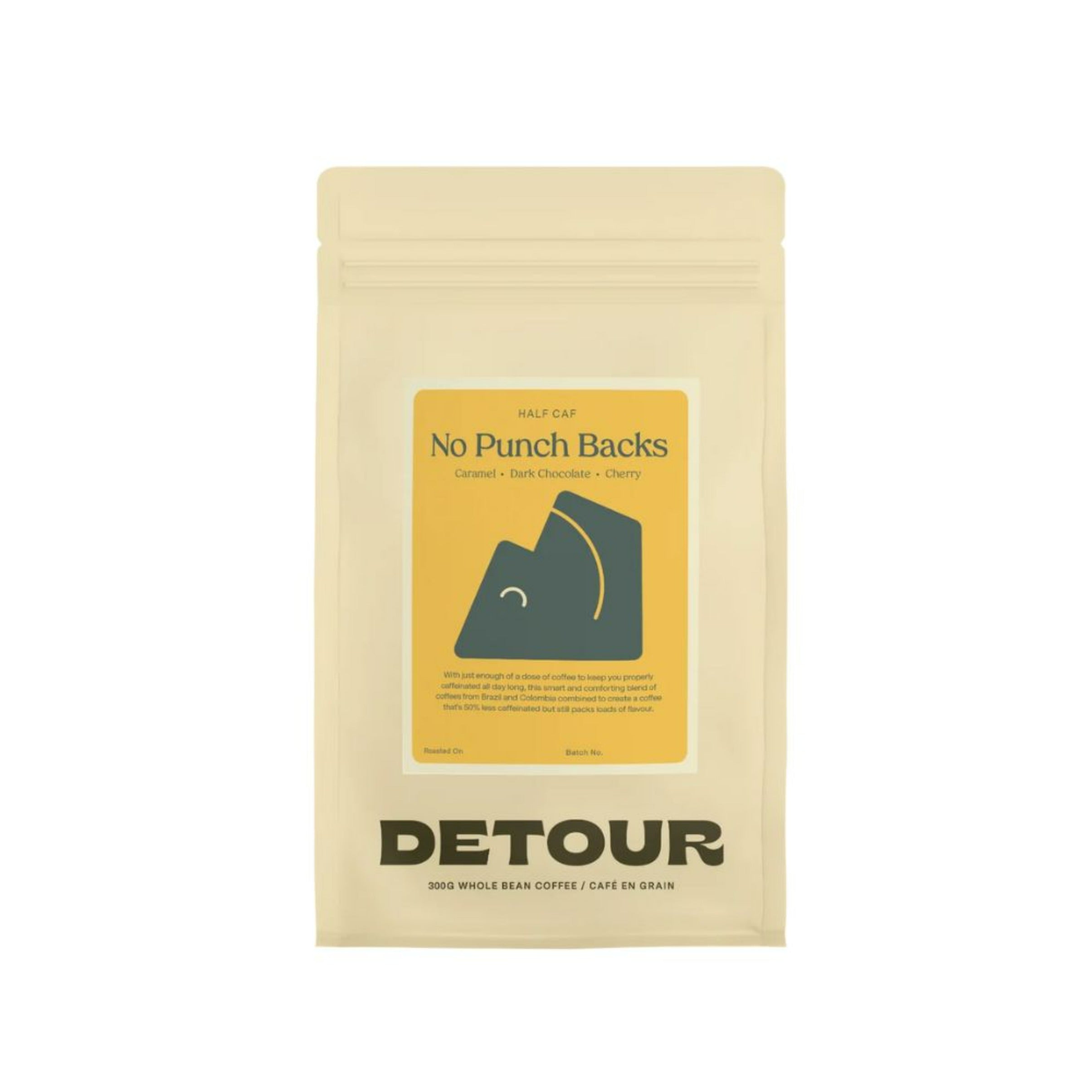 Detour Coffee Roaster No Punch Backs Half Caf - Caramel, Dark Chocolate, Cherry Tasting Profile - Filter Balanced Coffee Style - Brazil + Colombia Origin - Learn More on Our Website