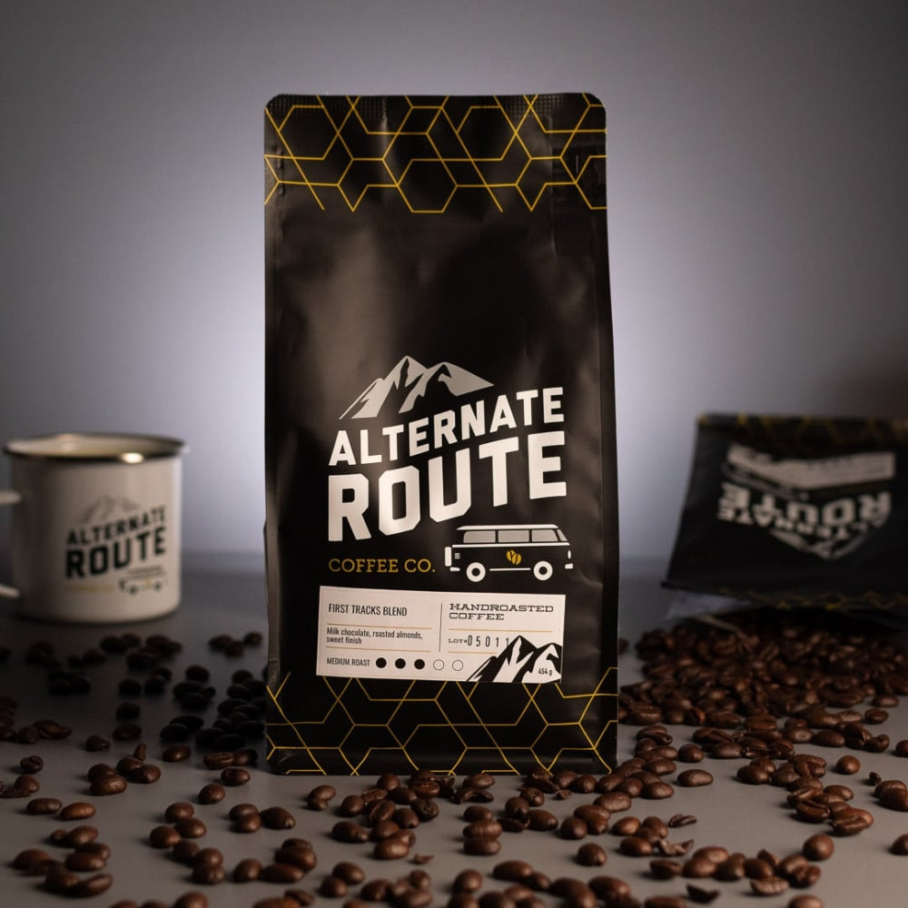 Alternate Route Coffee Co. First Tracks Blend - Medium Roast - Yellow Bourbon Variety - Carmo De Minas Region, Brazil - Fazenda Santa Lucia Farm - Helcio Carnerio Pinto Producer - Natural Process - Altitude 900-1250 MASL - Rich Flavor Profile, Milk Chocolate, Roasted Almonds, Sweet Finish