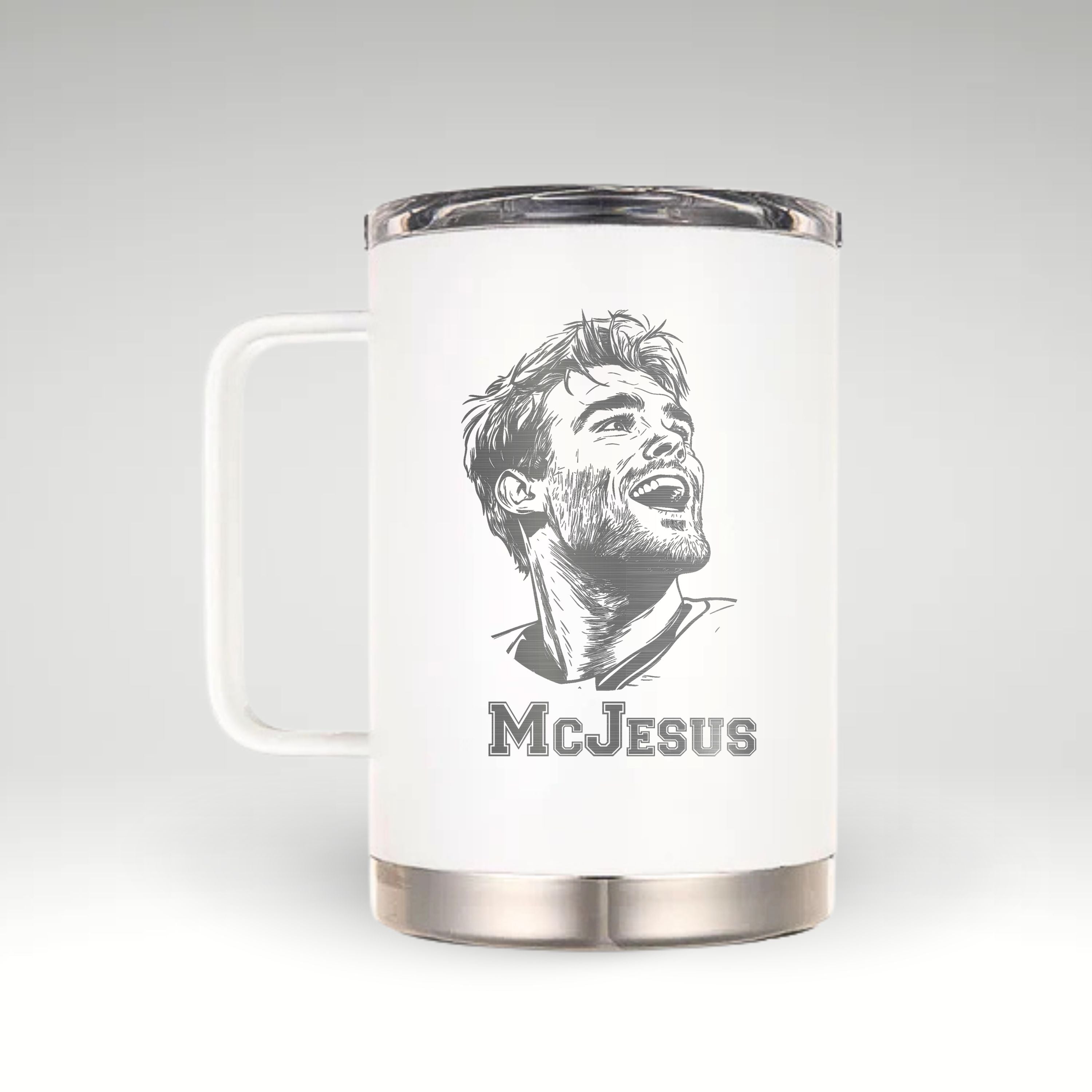 A white insulated mug with a stainless steel rim and handle, featuring a detailed black-and-white engraved illustration of a hockey player with a joyful expression. Below the illustration, the text "McJesus" is engraved in bold, stylized font. The design appears to celebrate the player's exceptional performance, likely referencing Connor McDavid. #color_snow