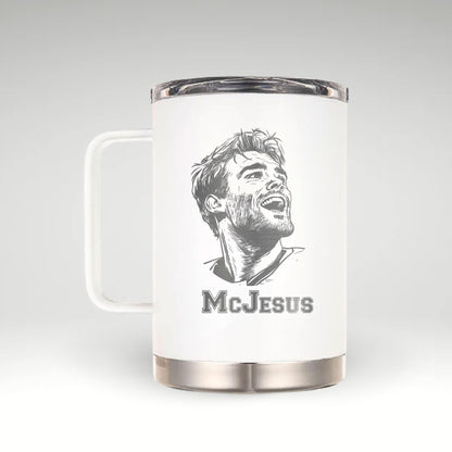 A white insulated mug with a stainless steel rim and handle, featuring a detailed black-and-white engraved illustration of a hockey player with a joyful expression. Below the illustration, the text "McJesus" is engraved in bold, stylized font. The design appears to celebrate the player's exceptional performance, likely referencing Connor McDavid. 