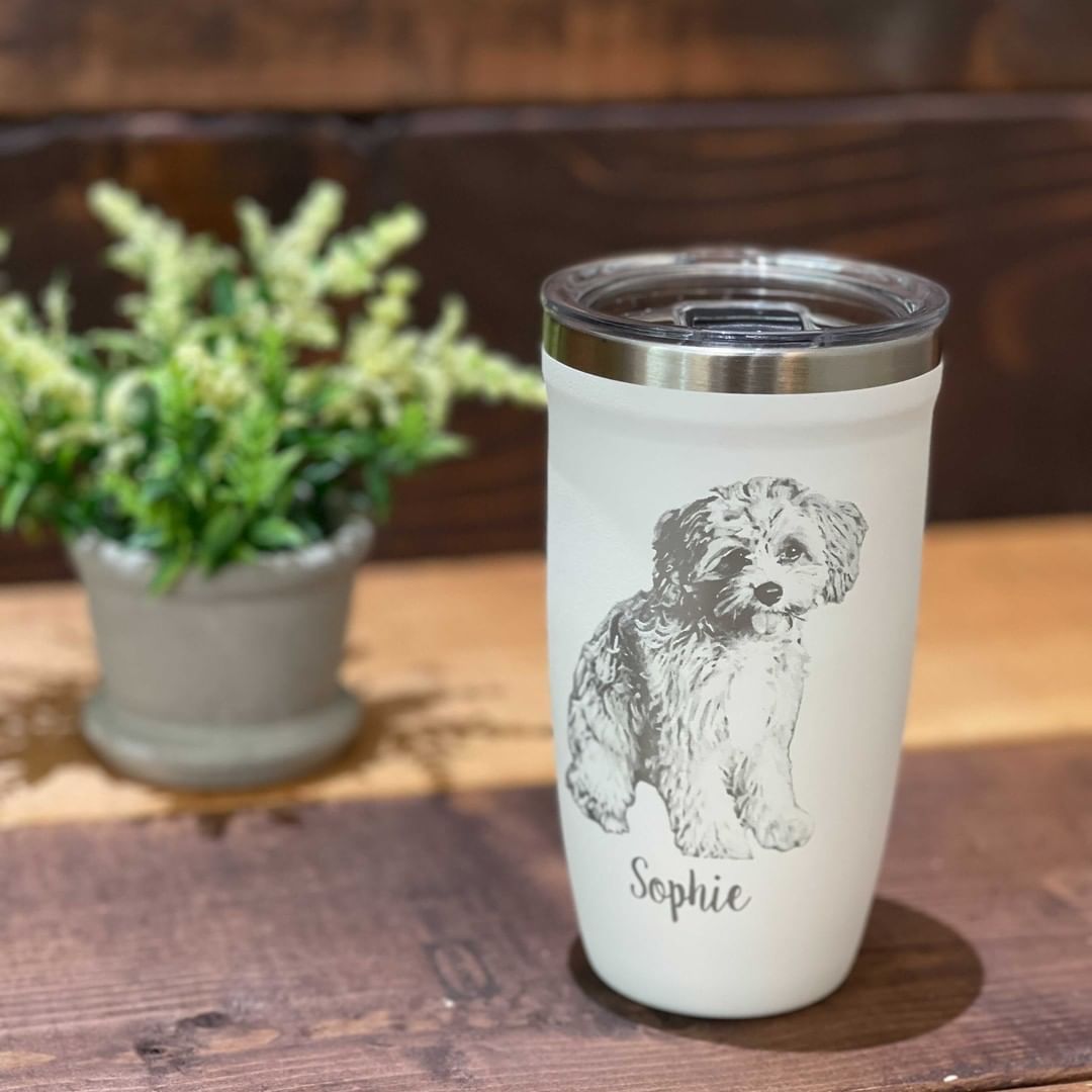 LAMOSE Personalized Insulated tumbler with engraved image of a dog and text, perfect for custom pet-themed drinkware.