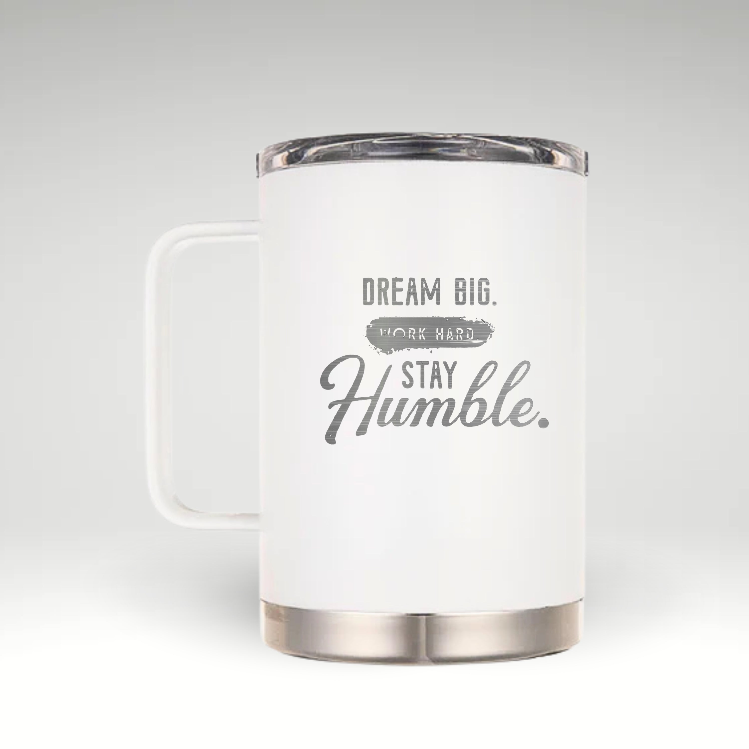 Inspiration in Every Sip Insulated black-and-white mug with the motivational phrase 'DREAM BIG. WORK HARD. STAY HUMBLE.' #color_snow