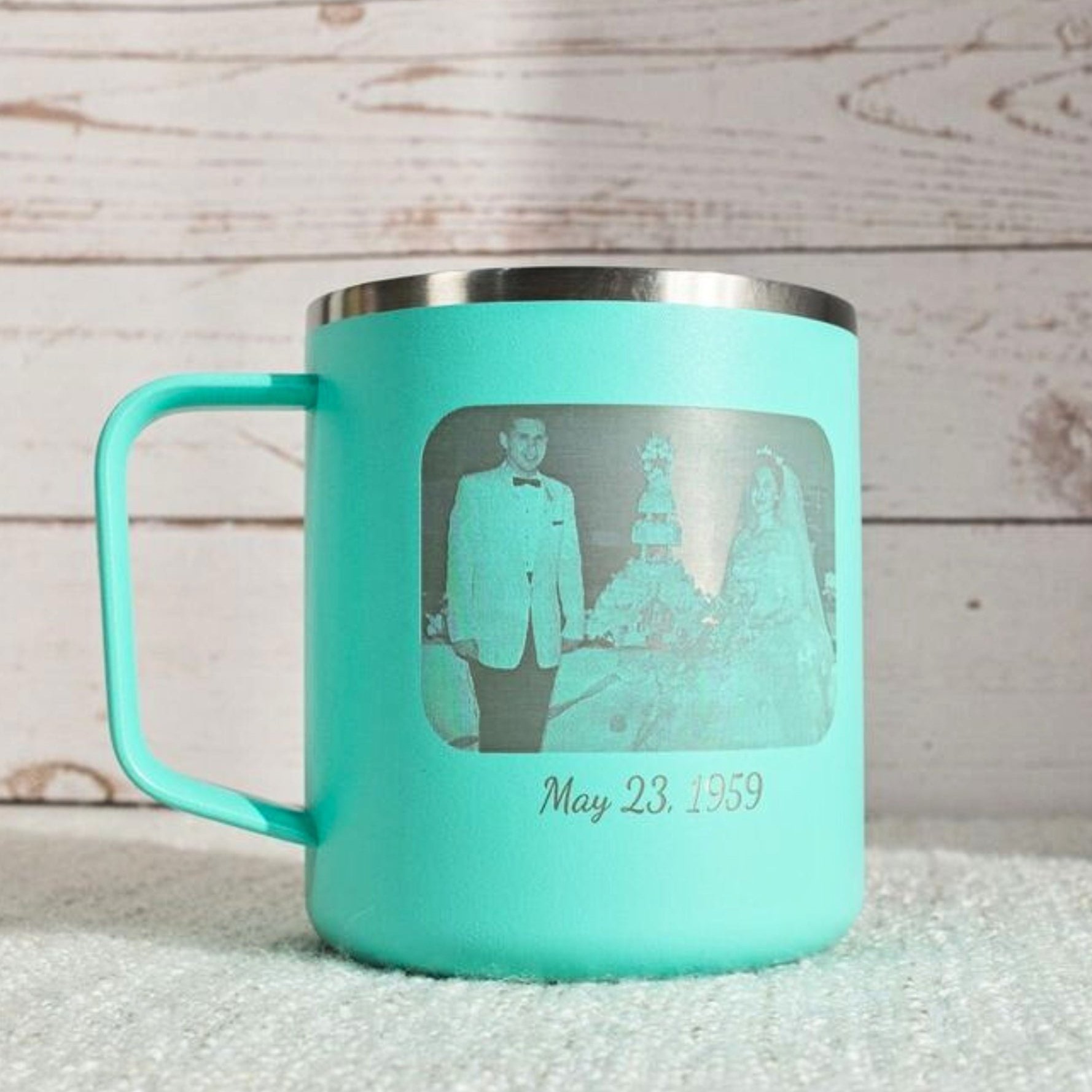 LAMOSE Personalized Insulated mug with engraved images and text for Anniversary celebration, ideal for hot and cold beverages, perfect for gift giving.