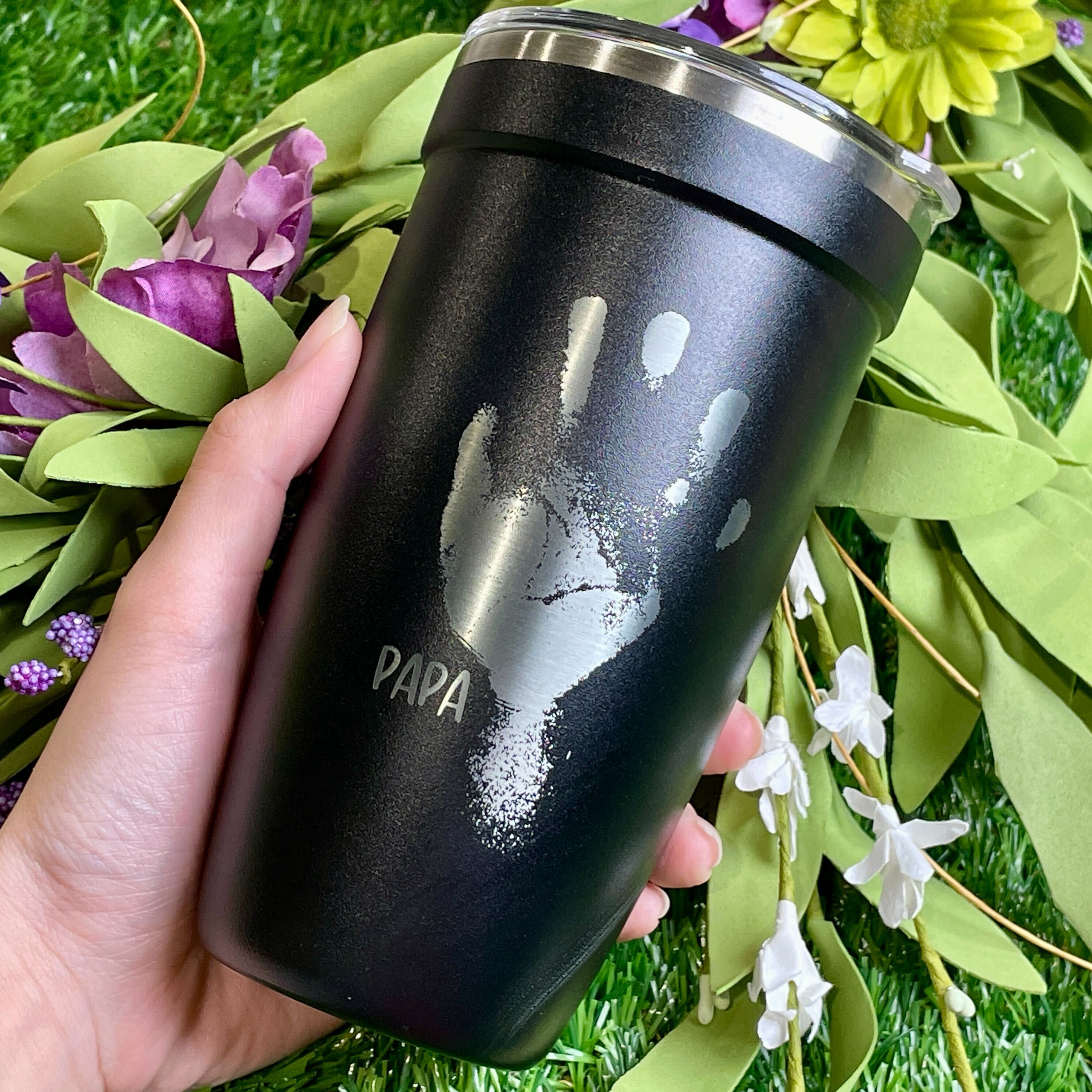 LAMOSE Personalized Insulated tumbler with engraved images of Babies hand and footprints, ideal for hot and cold beverages, perfect gift for parents.