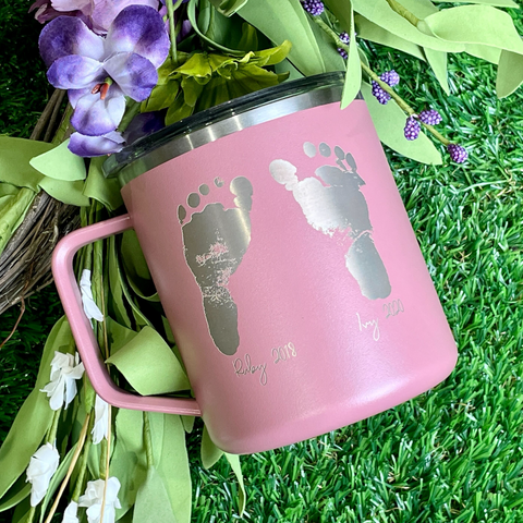 LAMOSE Personalized Insulated tumbler with engraved images of Babies hand and footprints, ideal for hot and cold beverages, perfect gift for parents.