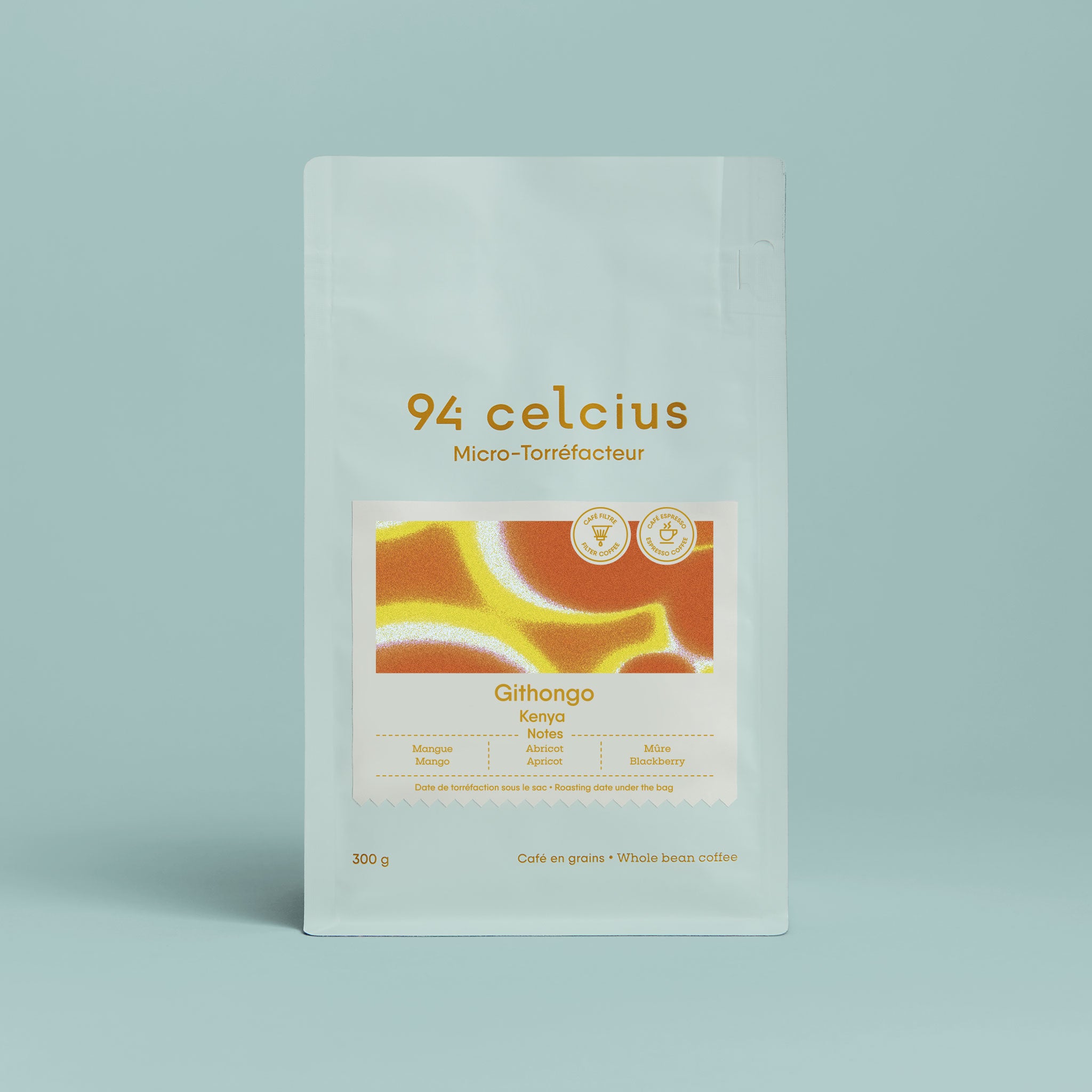 94 Celcius - Kenya Githongo Coffee - Mango, Apricot, Blackberry - Kiambu Region - SL28, SL34, Ruiru 11 Varieties - 2000m Altitude - Double Washed Process - Komothai FCS - Small-scale Farmers - Sustainable Agriculture - Specialty Coffee - Ethical Sourcing