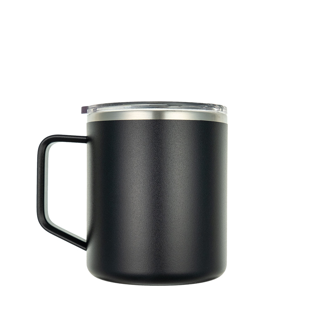 LAMOSE Hudson 18 oz insulated mug with handle and clear lid, ideal for hot and cold beverages.