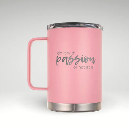 Inspire Your Day with Every Sip Insulated mug featuring the motivational quote 'Inspire your day with every sip' in elegant typography on a vibrant background. 