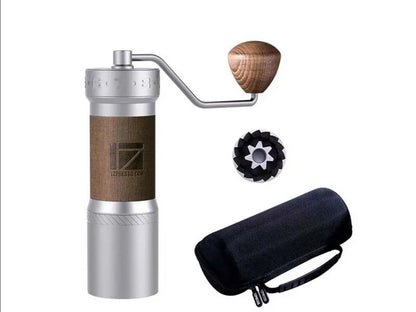 1Zpresso K-Max manual coffee grinder with 48mm stainless steel burrs, suitable for pour-overs and espresso. Features include a magnetic catch cup, 9-dial with 90 clicks, quick-disassembly, and comfortable grip. Package includes grinder, cleaning brush, blower, anti-slip rubber, and carrying case.