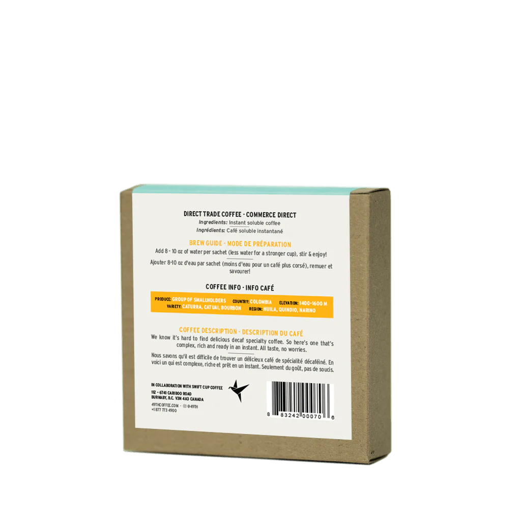 Experience the enticing flavors of 49th Parallel Coffee's Direct Trade Coffee instant packs, adorned with taste notes of almonds, golden raisins, and pineapples. Discover specialty coffee convenience at its finest.