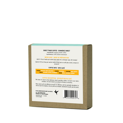 Experience the enticing flavors of 49th Parallel Coffee's Direct Trade Coffee instant packs, adorned with taste notes of almonds, golden raisins, and pineapples. Discover specialty coffee convenience at its finest.