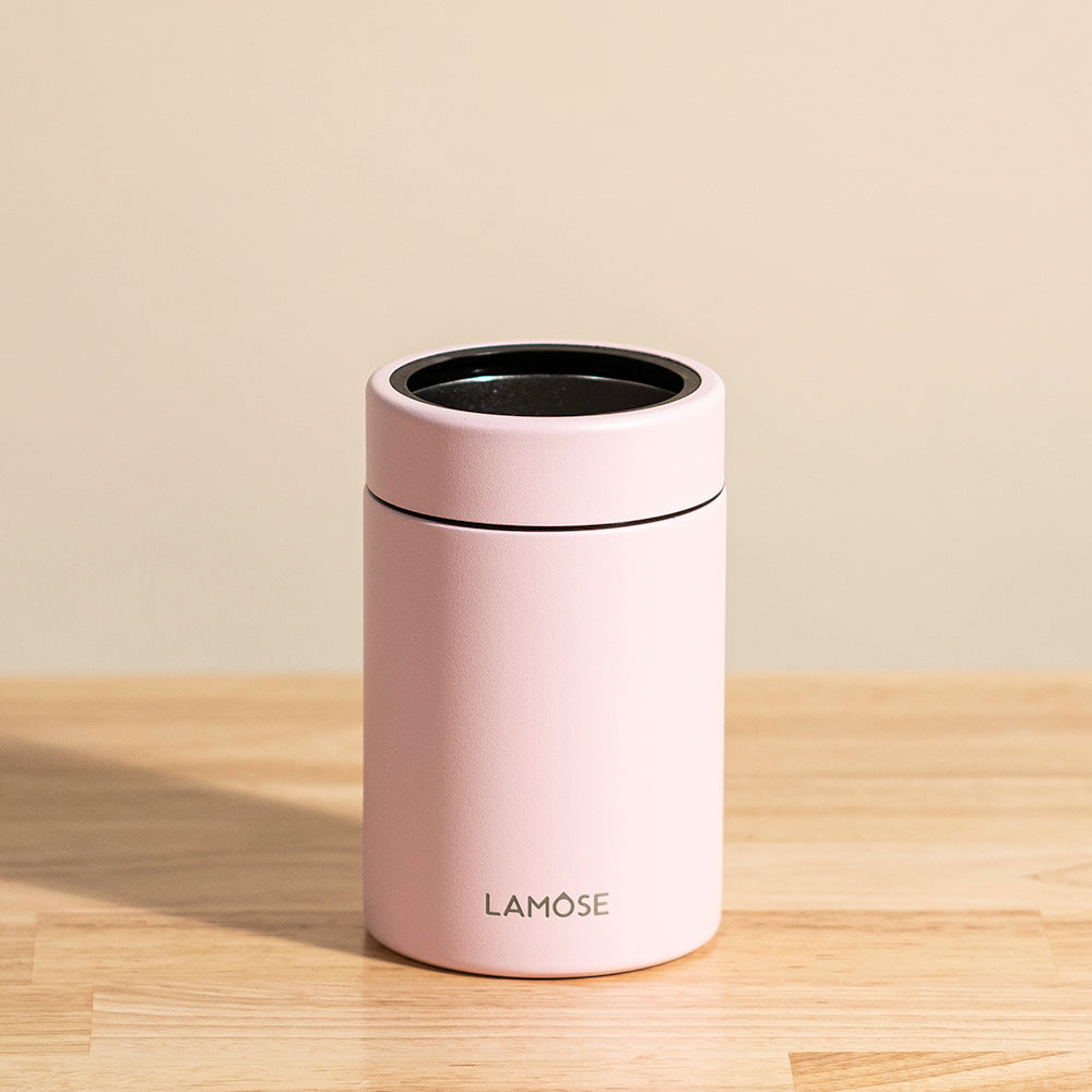 LAMOSE Logan 12 oz double-wall stainless steel maintains drinks icy cold for hours, leakproof security, perfectly fits standard can.  