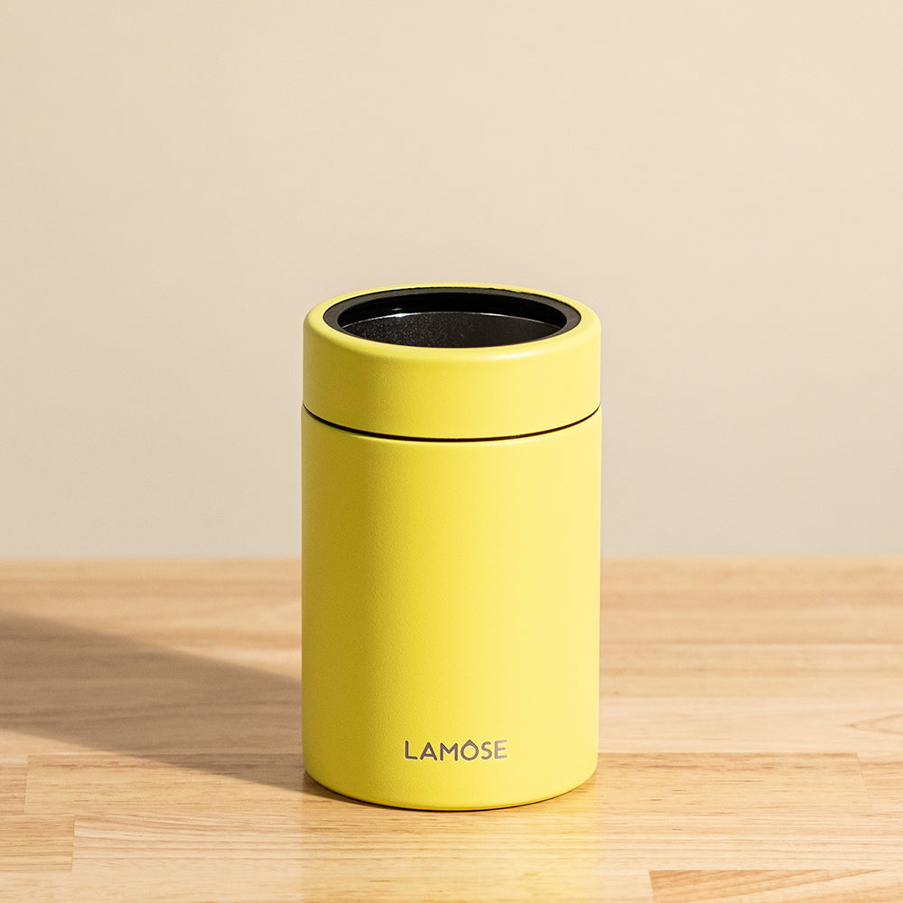 LAMOSE Logan 12 oz double-wall stainless steel maintains drinks icy cold for hours, leakproof security, perfectly fits standard can. 