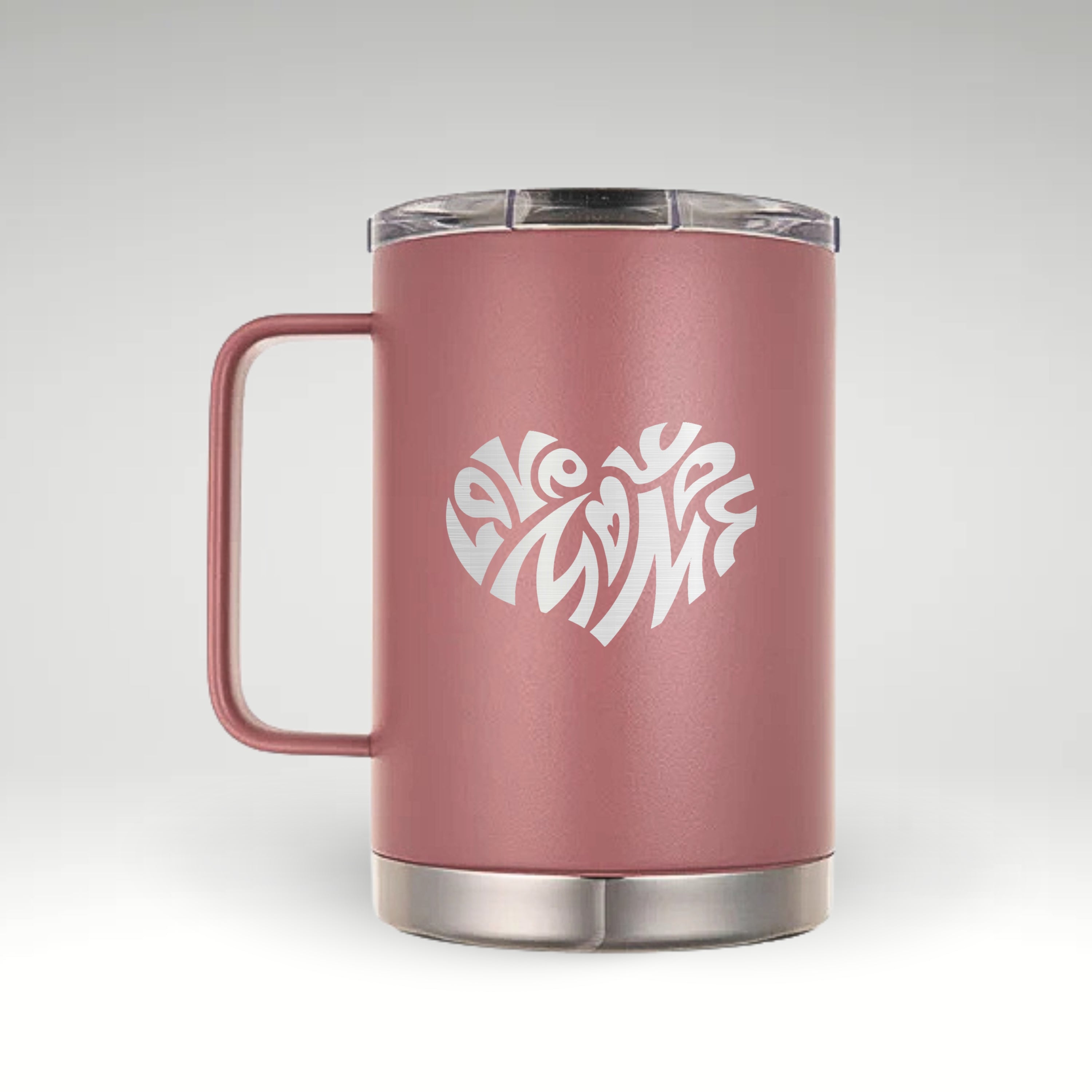 Dusty Pink (Rose gold) insulated mug featuring a heart-shaped "Love You Mom" engraving, a perfect heartfelt gift for moms.  #color_dusty-pink