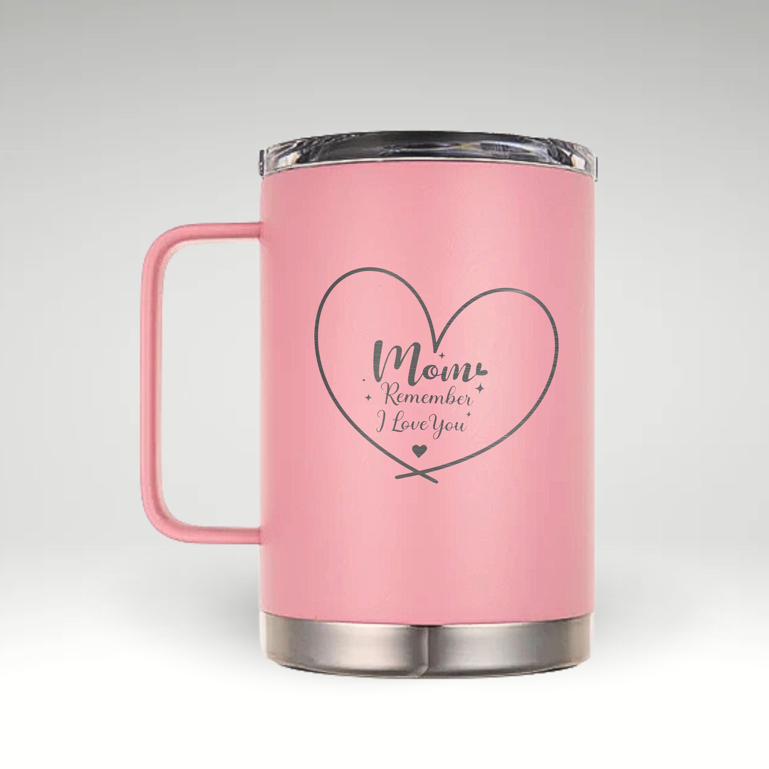 Heartwarming Insulated Mug for Mom Insulated heart mug with 'Mom Remember I Love You' inscription and decorative stars for Mother's Day gift. #color_pink