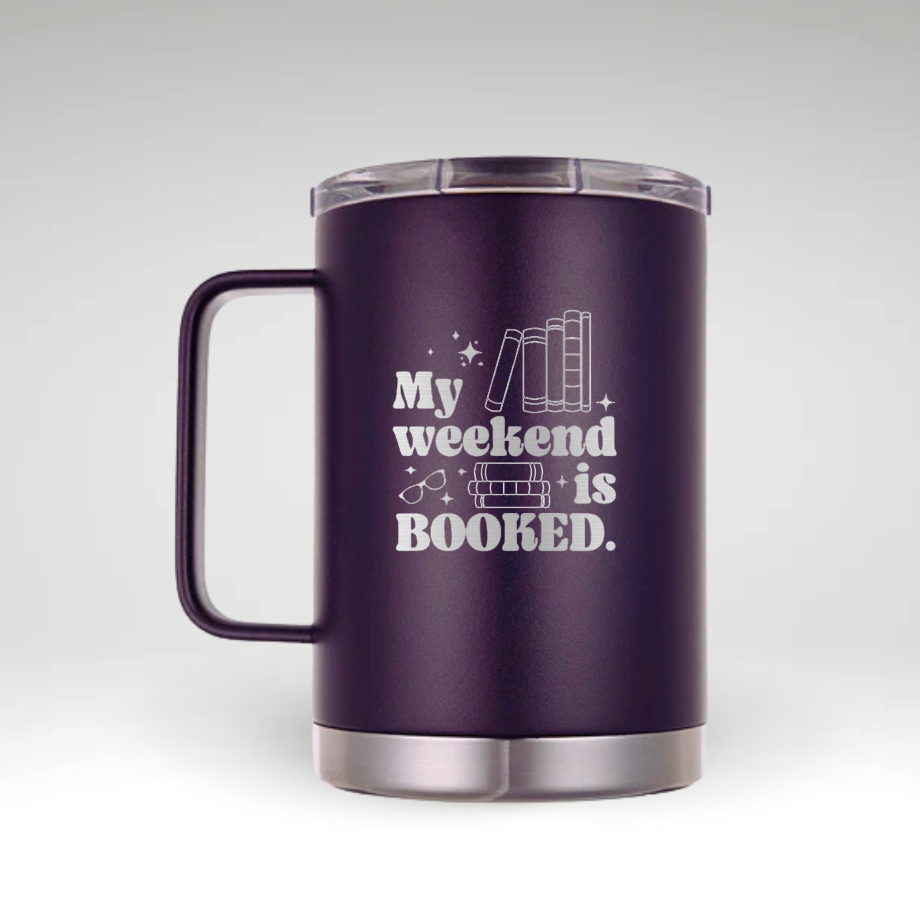 My Weekend is BOOKED Insulated mug with the text 'My Weekend is BOOKED' and illustrations of books and glasses. #color_nova-purple