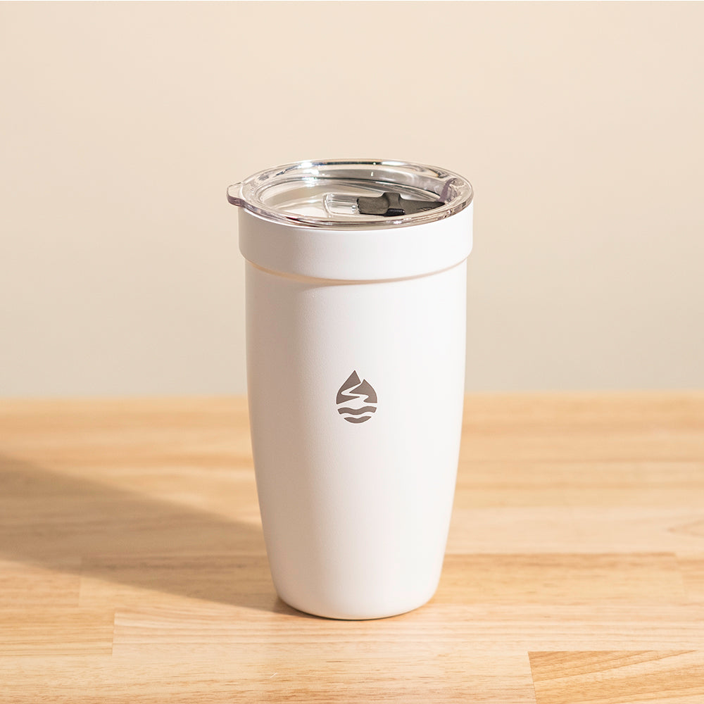 Peyto Pro Ceramic 16oz Tumbler with stainless steel construction, ceramic interior, splash-proof lid, cupholder-friendly design and double-wall vacuum insulation.