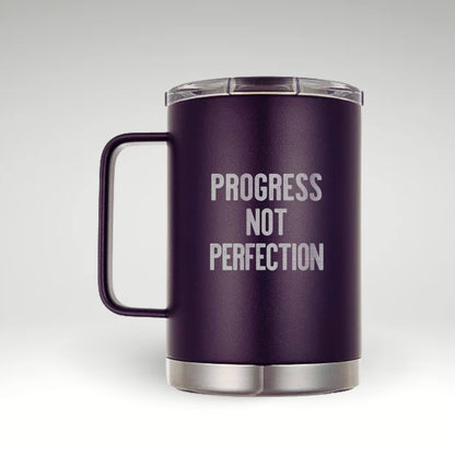 Progress Not Perfection Insulated Mug Stylish insulated mug displaying 'Progress Not Perfection' in a bold distressed font. 