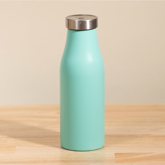 Robson 14oz Insulated Bottle with powder coat finish, dishwasher safe, top-quality insulation, compact design, 18/8 stainless steel, stainless steel lid, and personalized engraving option.