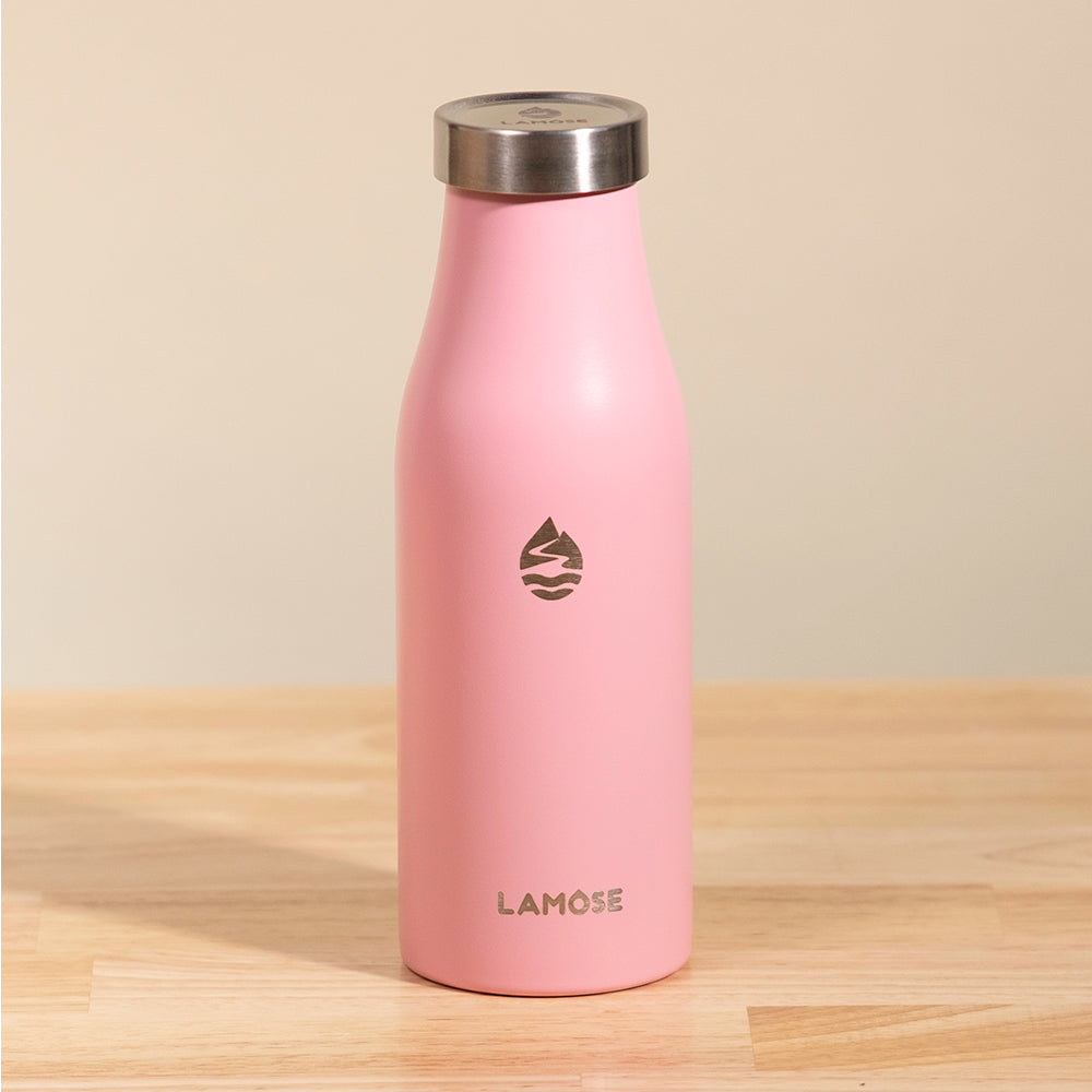 LAMOSE Robson 14 oz Insulated Bottle with a powder coat finish, featuring a compact and travel-friendly design. Made from durable 18/8 stainless steel, it includes a unique stainless steel lid and top-quality insulation to keep drinks cold for hours. The bottle is dishwasher safe and can be personalized with engraving that won't chip, peel, or fade. Dimensions: 2.6" wide by 7.9" high, weighing 0.6 lbs and holding 14 oz.