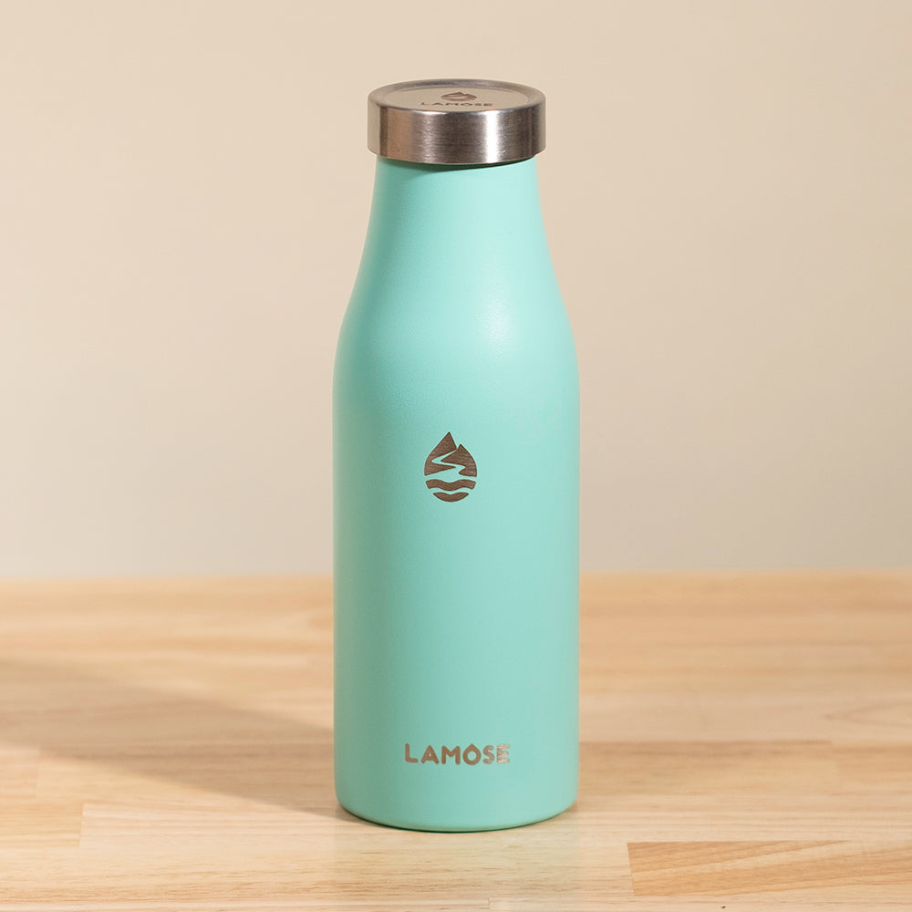 Robson 14 oz Insulated Bottle with a powder coat finish, featuring a compact and travel-friendly design. Made from durable 18/8 stainless steel, it includes a unique stainless steel lid and top-quality insulation to keep drinks cold for hours. The bottle is dishwasher safe and can be personalized with engraving that won't chip, peel, or fade. Dimensions: 2.6" wide by 7.9" high, weighing 0.6 lbs and holding 14 oz.
