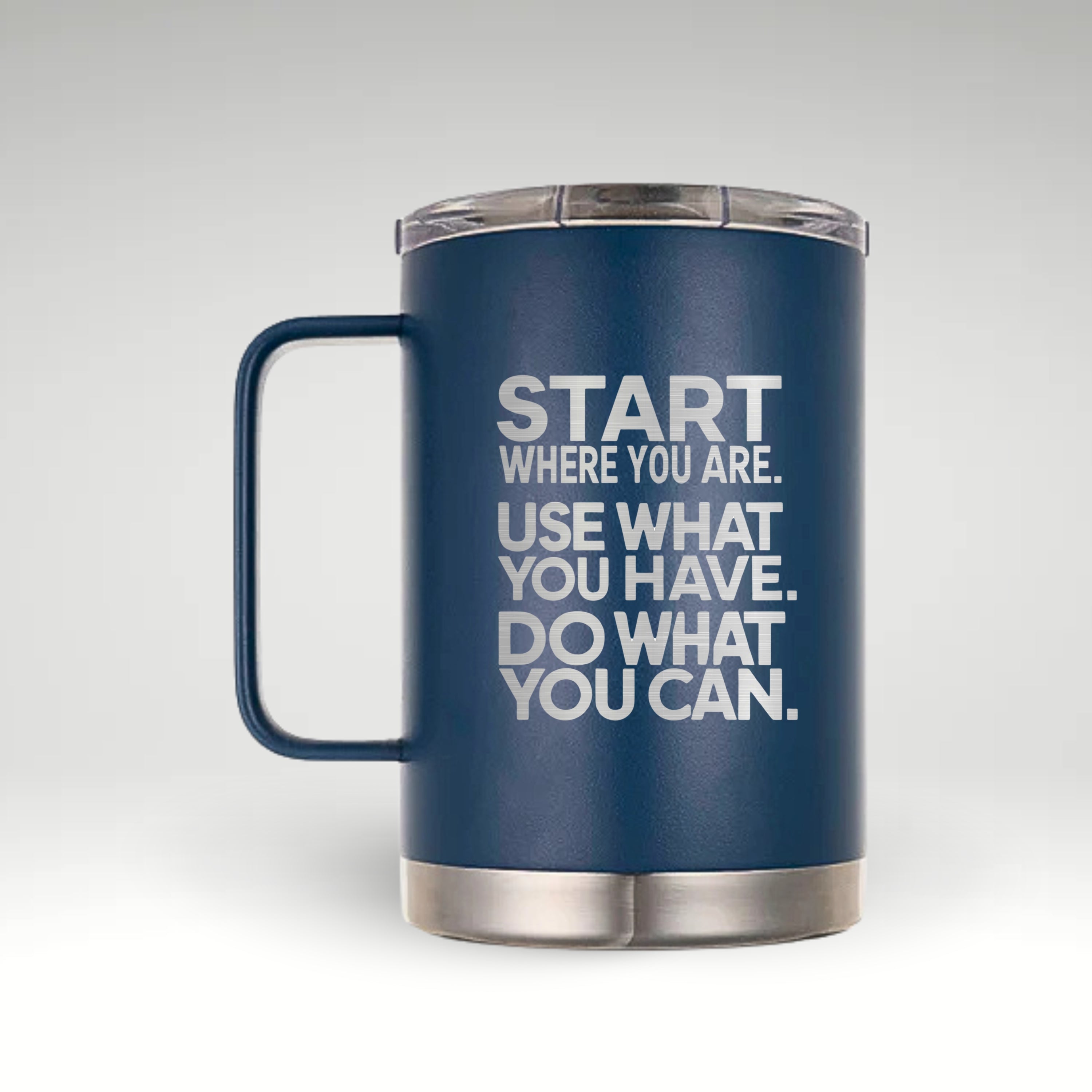 Inspiring Insulated Mug with Arthur Ashe Quote White insulated mug with the quote 'Start Where You Are. Use What You Have. Do What You Can.' #color_classic-blue