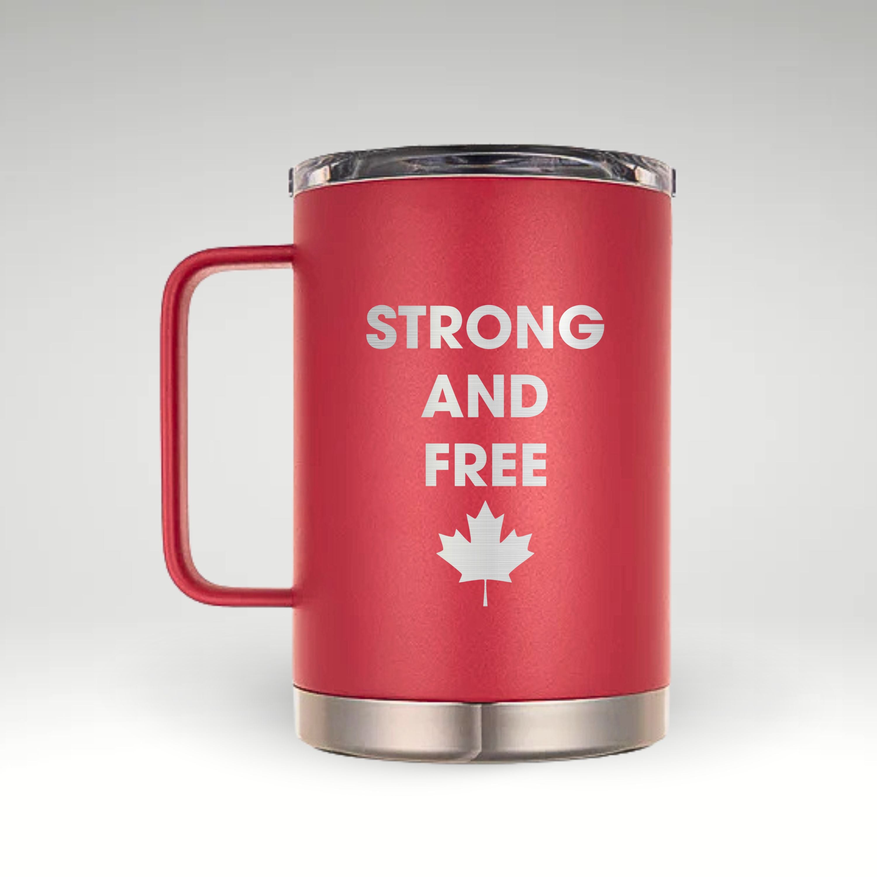 Strong and Free Mug Insulated mug featuring STRONG AND FREE text and a black maple leaf design representing Canadian pride. #color_viva-magenta