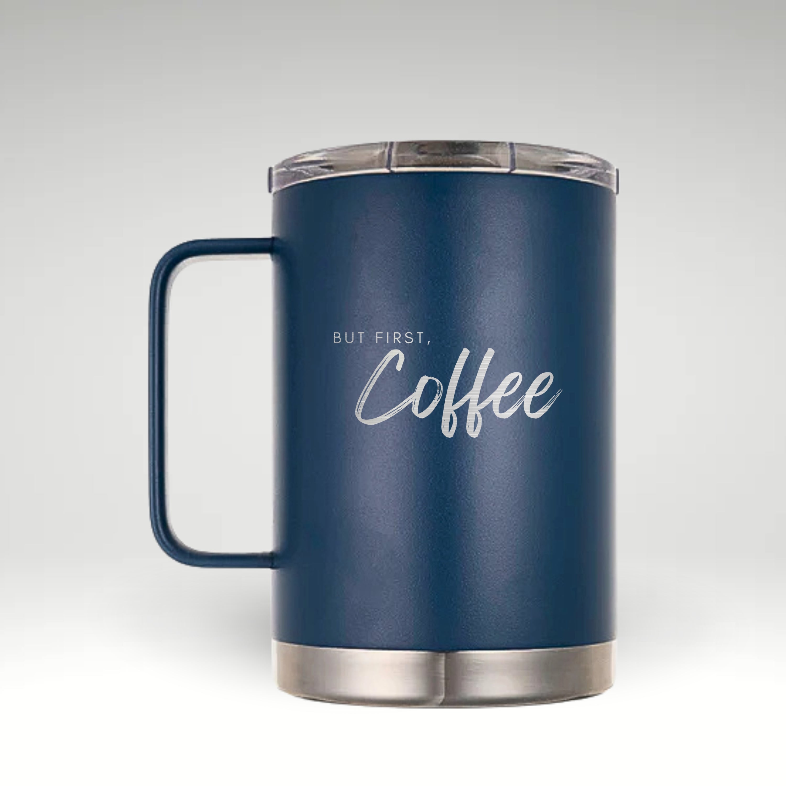 Chic Insulated Coffee Mug Insulated mug with minimalist  design and cursive 'But First, Coffee' text. #color_classic-blue