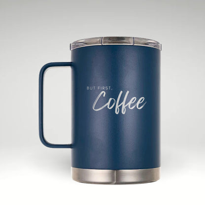 Chic Insulated Coffee Mug Insulated mug with minimalist  design and cursive 'But First, Coffee' text. 