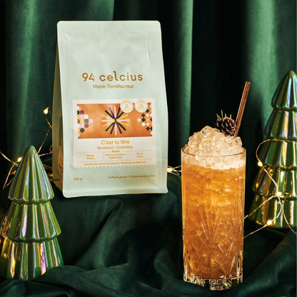 94 Celcius, Exotic Fusion - Vanilla, Passion Fruit, Rum - Colombian & Honduran Blend - Heirloom & Pareinema Varieties - 1400-1600m Altitude - Cofermentation Process - Brayan Alvear, Sara Priscilla - "C'est la fête" Exclusive Festive Blend