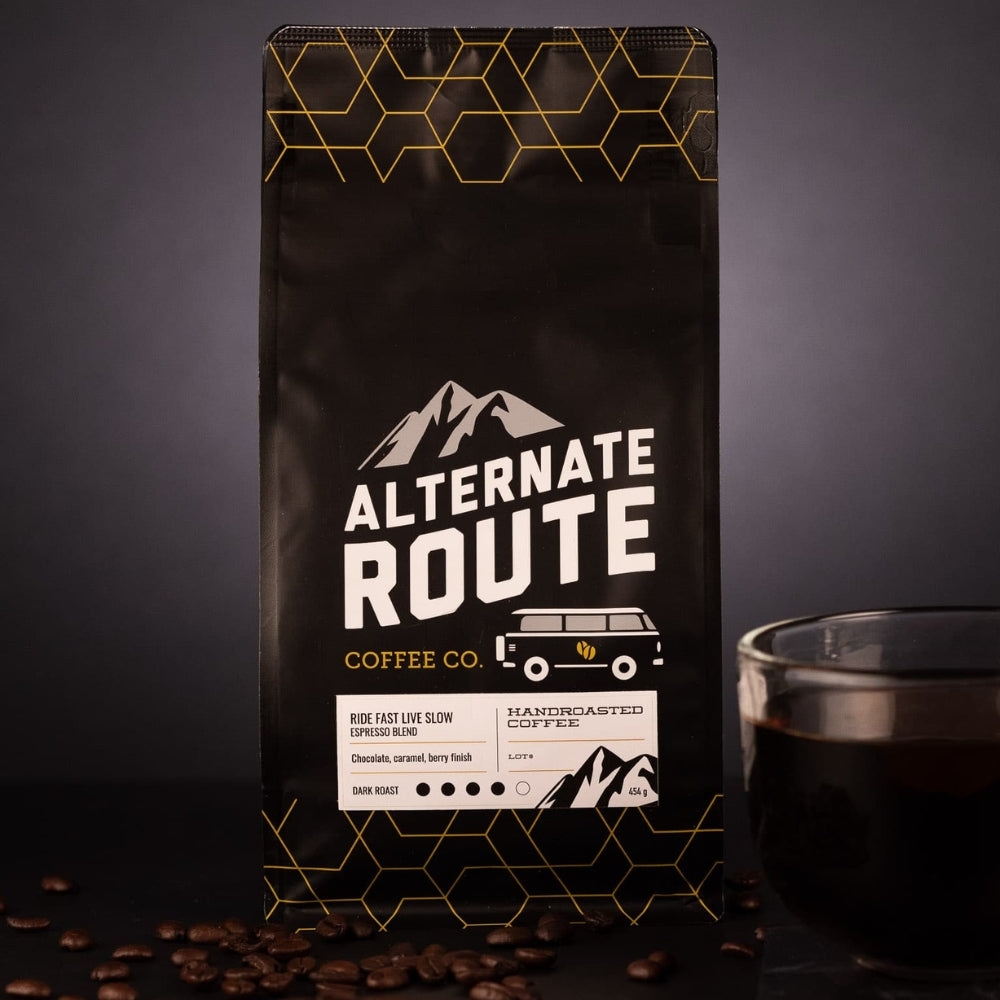  Alternate Route Coffee Co. Ride Fast Live Slow Espresso Blend - Dark Roast - Central American Origins - Mantiqueira De Minas, Brazil & Trujillo, Valle del Cauca, Colombia - Guilherme & Finca La Esperanza/Potosi Producers - Yellow Bourbon Varietals - Natural Process - Rich Caramel, Chocolate, Brown Sugar, Berry Finish Notes