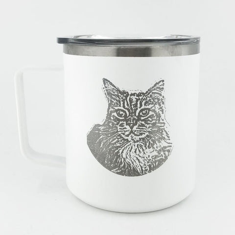 LAMOSE  Personalized white insulated mug with engraved cat face, ideal for custom drinkware and pet lovers.