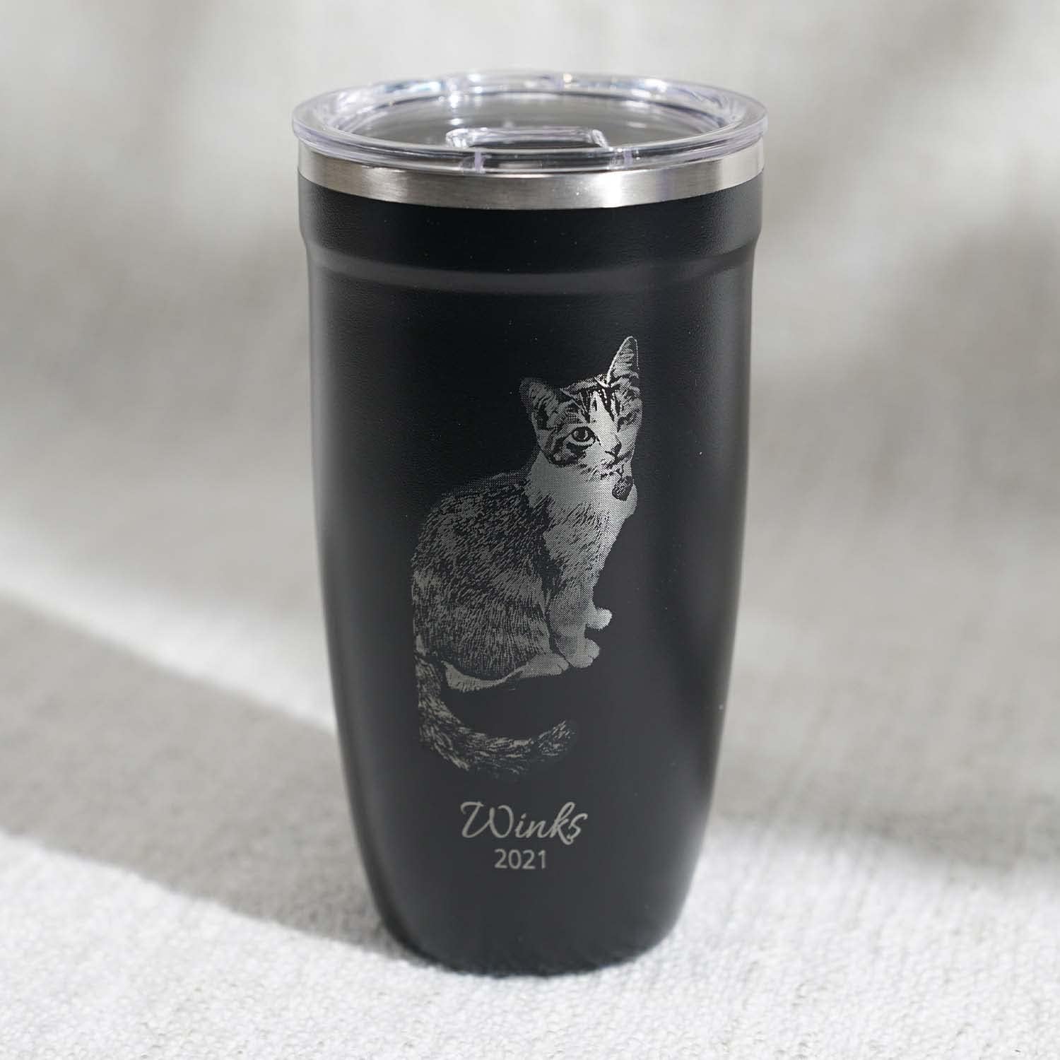 LAMOSE Personalized Black insulated tumbler with engraved cat face and text, ideal for custom drinkware and pet lovers