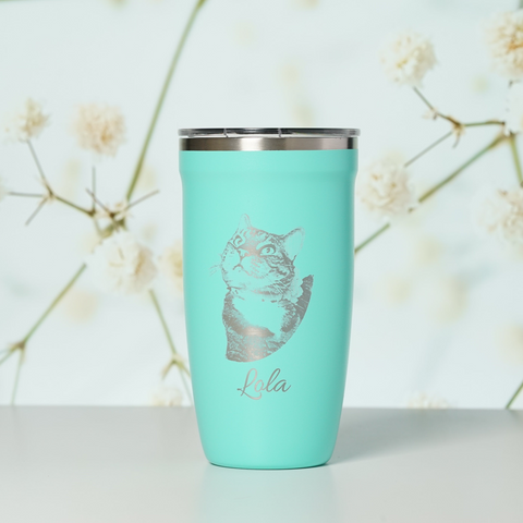 LAMOSE Personalized insulated tumbler with engraved cat face and text, ideal for custom drinkware and pet lovers.