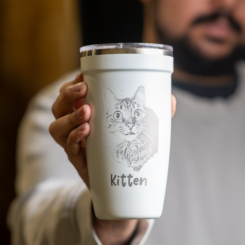 LAMOSE Personalized white insulated tumbler with engraved cat face and 'Kitten' text, ideal for custom drinkware and pet lovers.