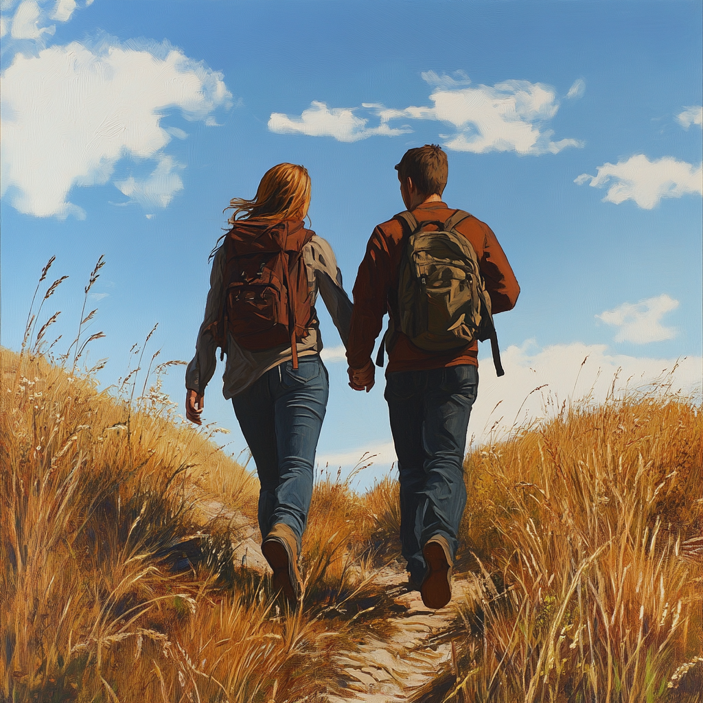 Couple hiking on a scenic trail through golden grass fields under a bright blue sky. Adventure travelers with backpacks walking hand in hand, enjoying nature and the outdoors.