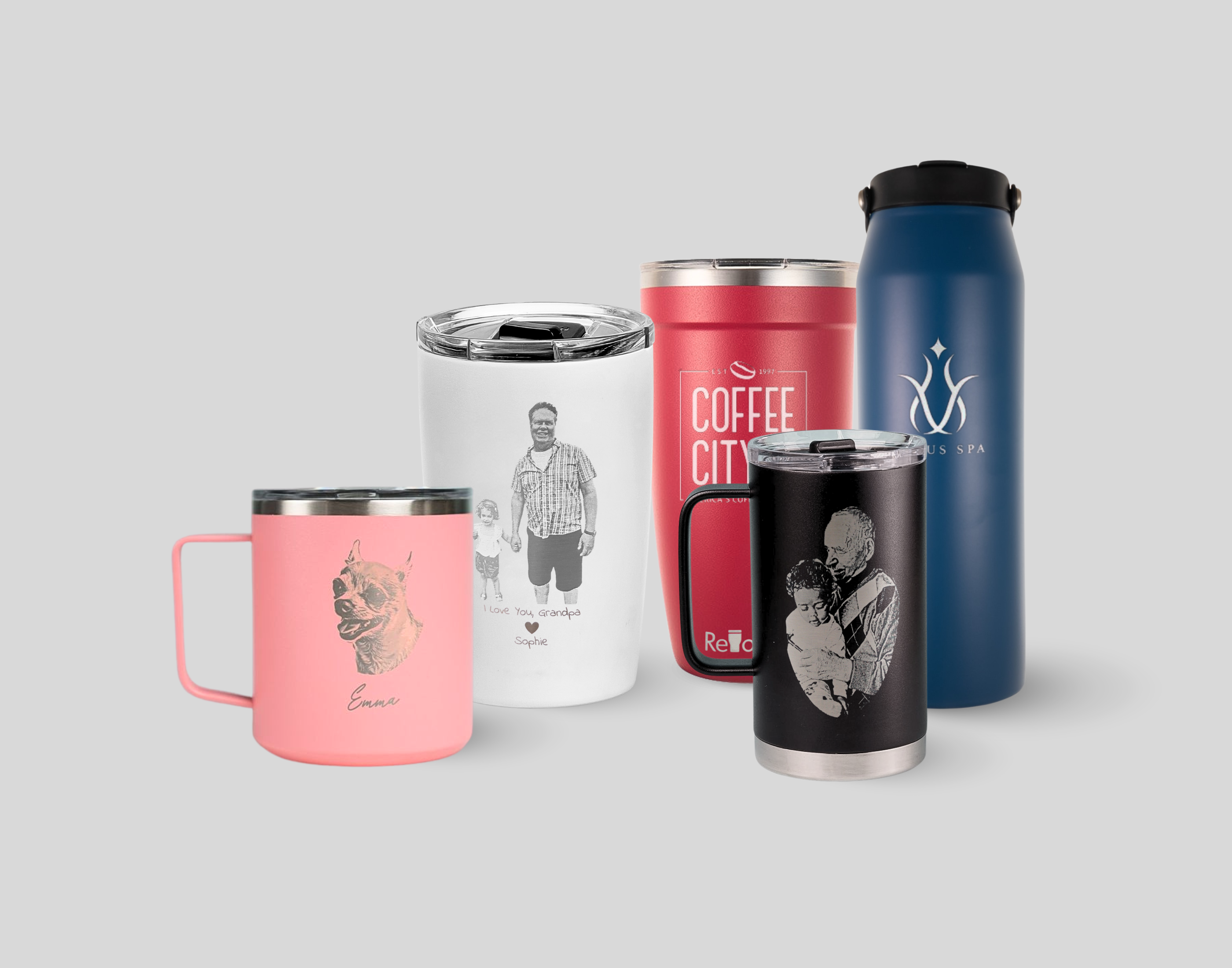 Custom engraved tumblers and mugs featuring personalized pet portraits, family photos, and business logos. Includes pink, white, red, black, and blue insulated drinkware.