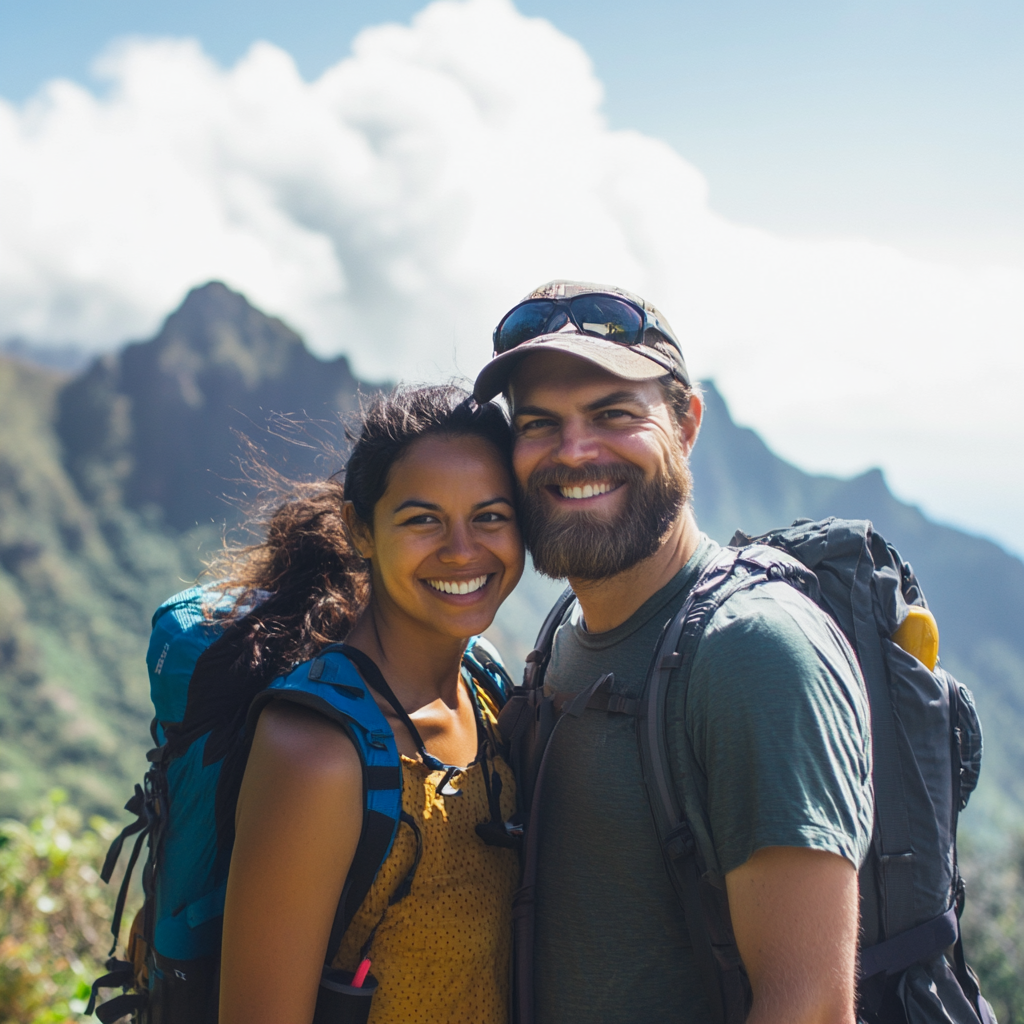 Happy couple with backpacks posing after a successful hike in the mountains. Smiling hikers enjoying scenic outdoor adventure with a beautiful mountain landscape in the background.