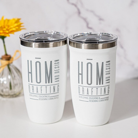 LAMOSE white insulated tumbler with engraved text, perfect for personalized gifts for your own business.