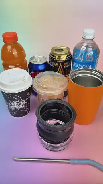 Load video: Logan Pro All-in-One versatile insulated drink holder with multiple lids, compatible with coffee cups, soda cans, energy drinks, bottled water, and tumblers for hot and cold beverages.