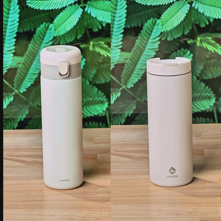 Load video: Minimalist off-white insulated tumblers from LAMOSE, featuring sleek leak-proof lids. Eco-friendly reusable travel mugs.