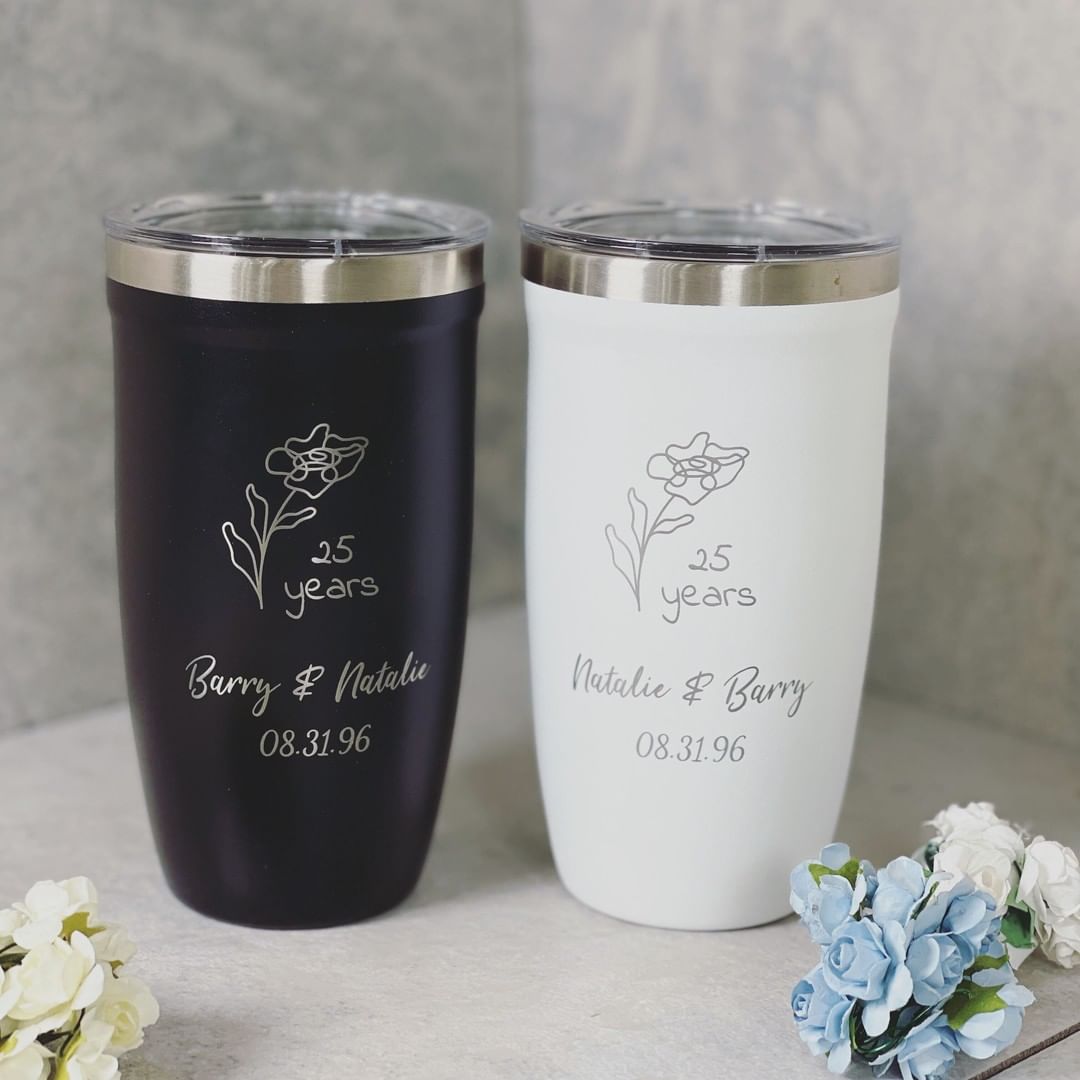 LAMOSE Personalized Insulated tumbler with engraved images and text for Anniversary celebration, ideal for hot and cold beverages, perfect for gift giving.