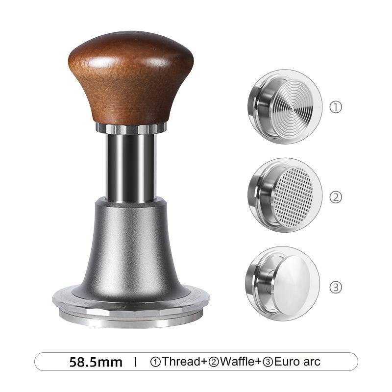 zeroHero 58.5mm calibrated espresso tamper with walnut handle, featuring three interchangeable bases: Thread, Waffle, and Euro Arc for precise coffee tamping and even extraction. #color_mahogany