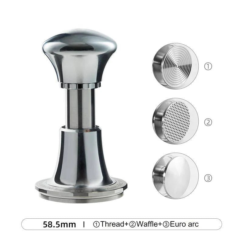 zeroHero 58.5mm calibrated espresso tamper in polished stainless steel, featuring three interchangeable bases: Thread, Waffle, and Euro Arc for precision tamping and consistent espresso extraction. #color_metallic