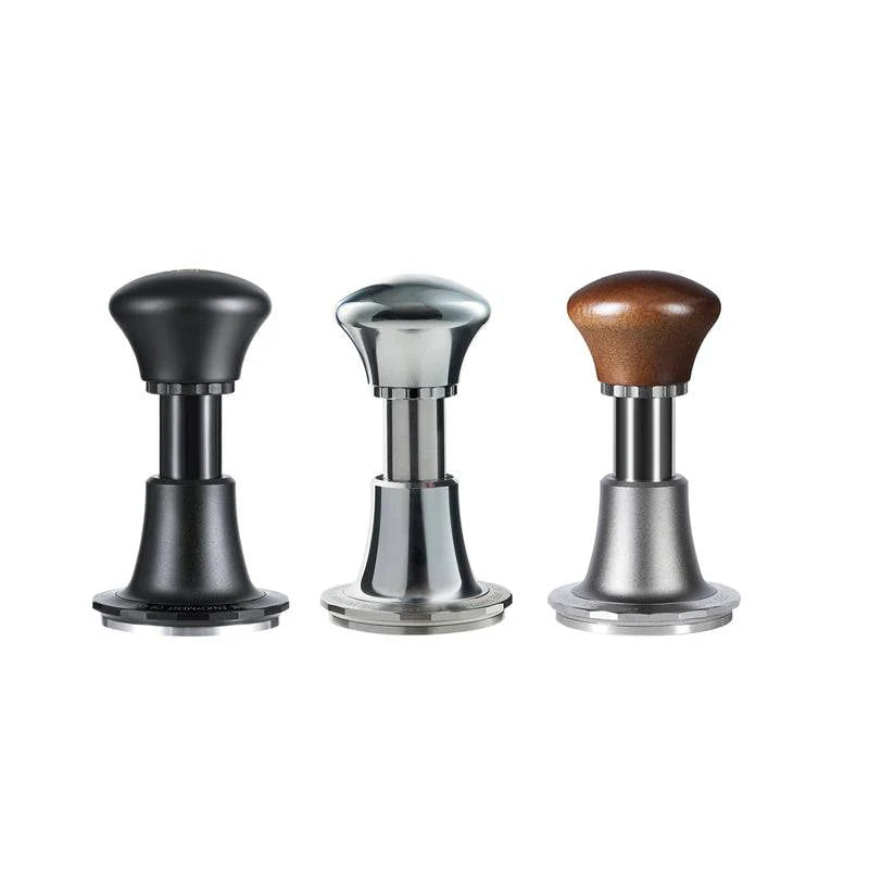 zeroHero 58mm espresso tampers in black, polished stainless steel, and walnut handle variations, designed for precision coffee tamping and consistent espresso extraction. #color_metallic